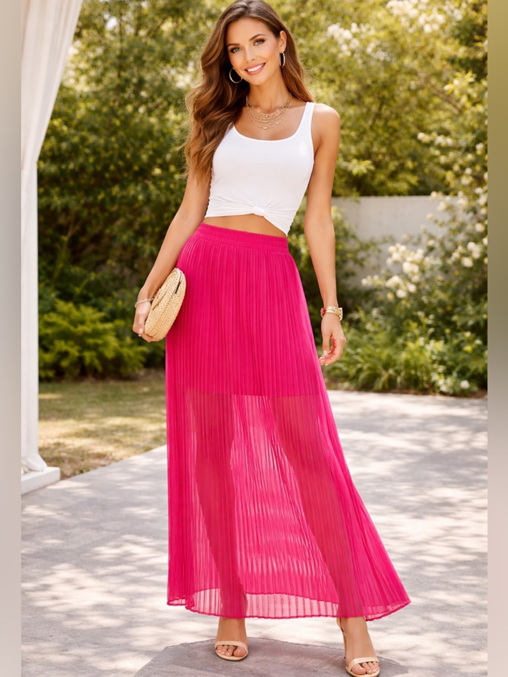 American Eagle Vibrant Hot Pink Pleated Maxi Skirt - Size Small 🚕